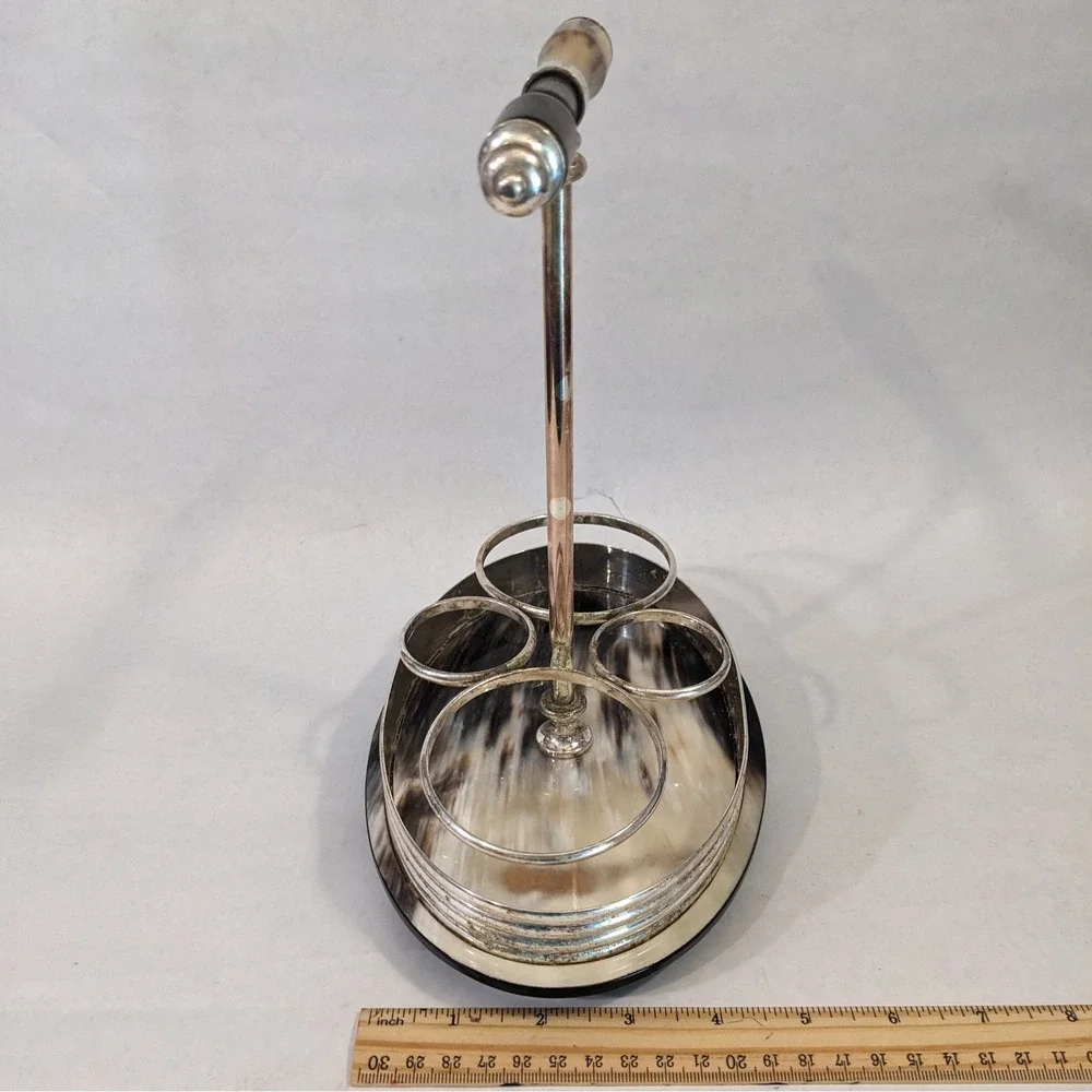 Vintage Silverplate Cruet Stand with Horn Inlay Base and Handle 4 Bottle Holder‎